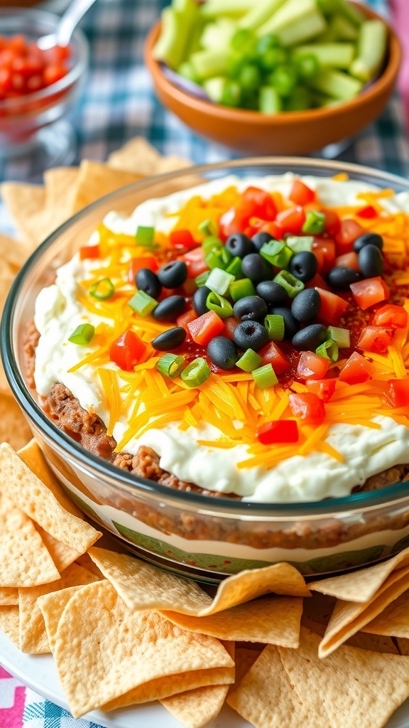 A colorful 7-layer taco dip with cream cheese, beans, salsa, cheese, and fresh toppings, served with tortilla chips.